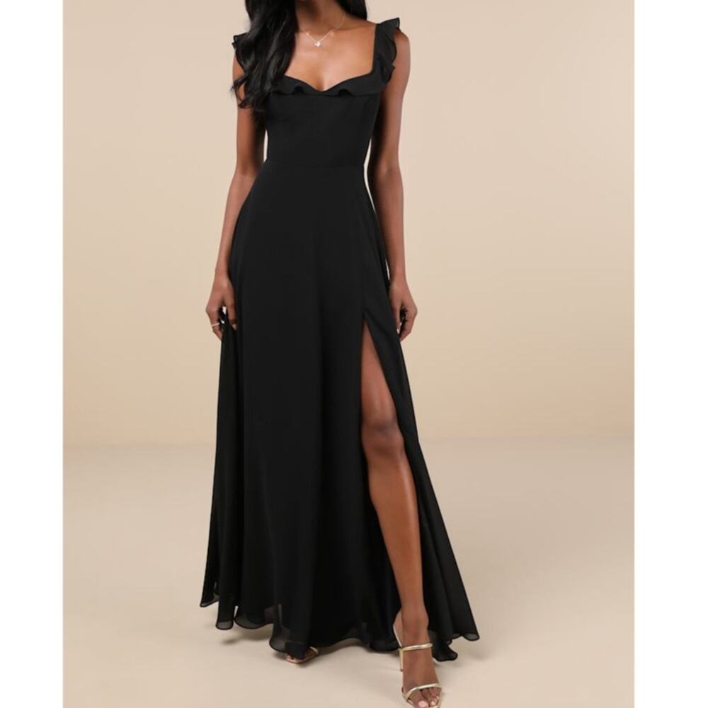 NEW Lulus Dreamy Admiration Black Ruffled Sweetheart Chiffon Maxi Dress Large